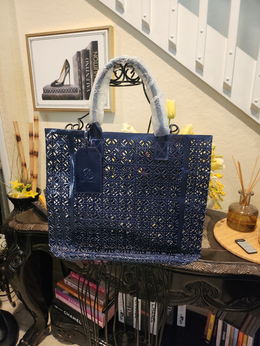 Tory Burch Navy Blue Perforated Tote Bag NEW